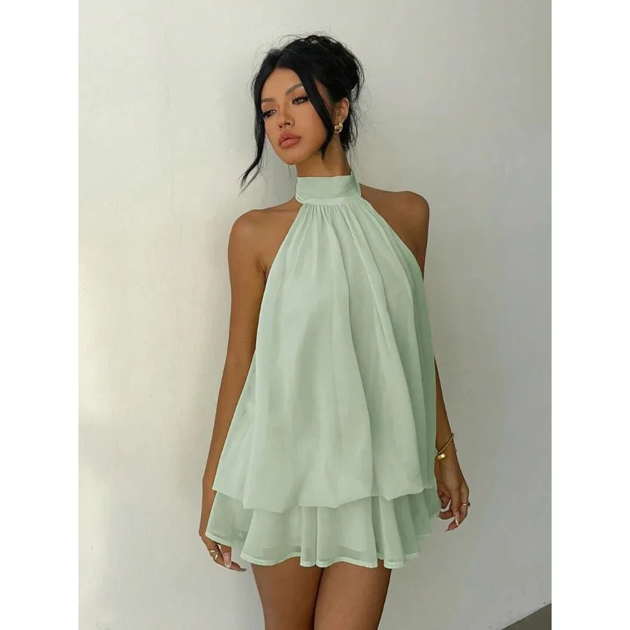Flowy Mint Green Halter Neck Mini Dress with Tiered Hem