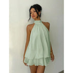 Flowy Mint Green Halter Neck Mini Dress with Tiered Hem