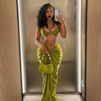 Solid Olive Green Bandeau Swim Set with Draped Maxi Skirt Cover-Up