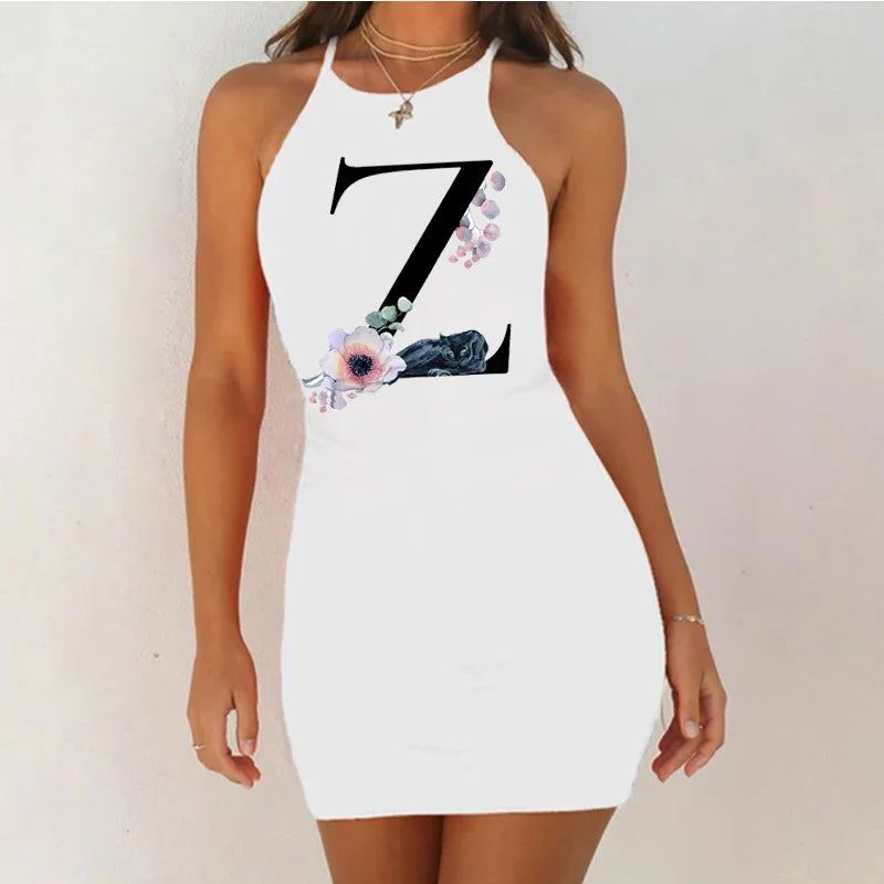 White Sleeveless Mini Nightgown with Bold Black Letter and Graphic Print, Slim Silhouette and Above-Knee Length