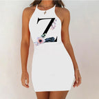 White Sleeveless Mini Nightgown with Bold Black Letter and Graphic Print, Slim Silhouette and Above-Knee Length