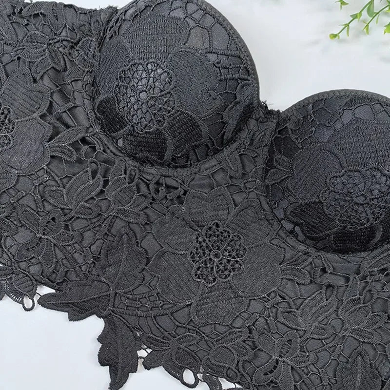 Floral Lace Bustier Top with Embroidered Detailing and Structured Cups