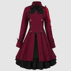 Vintage-Inspired Blue Victorian Coat Dress with Red Shoulder Cording and Bow Collar