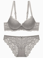 Rich Berry Floral Lace Push-Up Bra and Scalloped Panty Set with Double Strap Detail