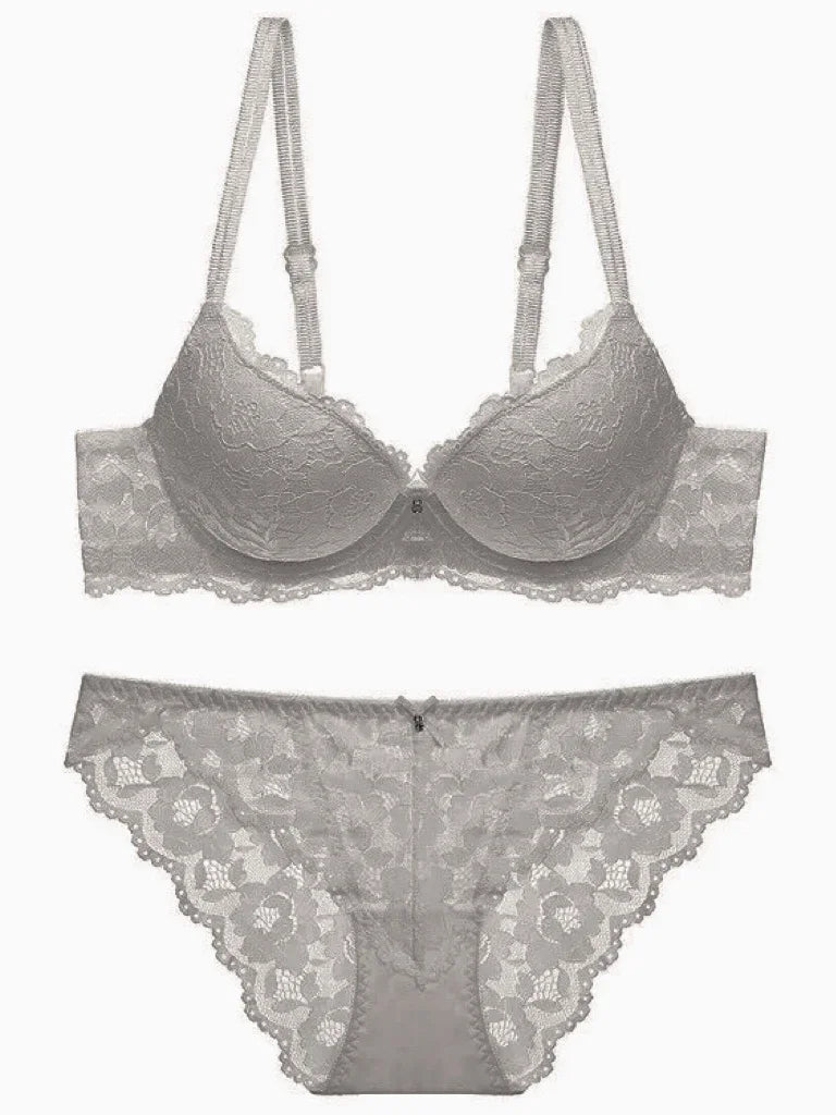 Rich Berry Floral Lace Push-Up Bra and Scalloped Panty Set with Double Strap Detail