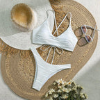 Textured Crisp White V-Neck Bikini Set with Criss-Cross Back Detailing