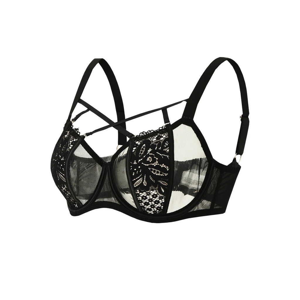 Black Sheer Mesh Underwire Minimizer Bra with Strappy Detail
