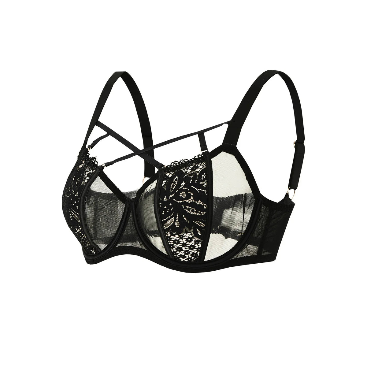 Black Sheer Mesh Underwire Minimizer Bra with Strappy Detail