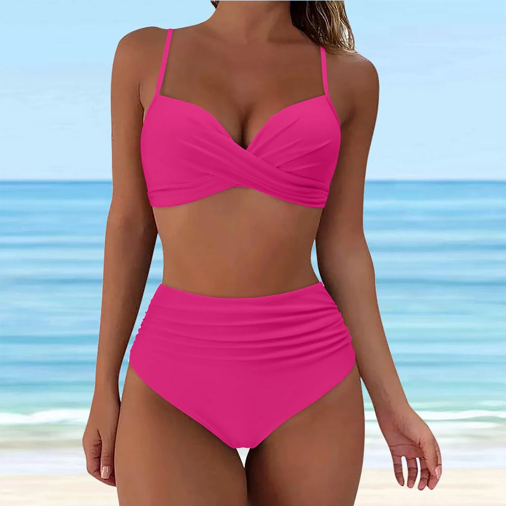 Emerald Green Cross-Front Bikini Set with Ruched High-Waisted Bottoms