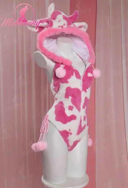 Women's Hooded Plush Romper with Animal Print Pattern, Paw Gloves and Matching Accessories