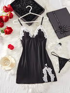 Sleek Black Satin-Finish Chemise with White Lace Appliqué and Matching Panty