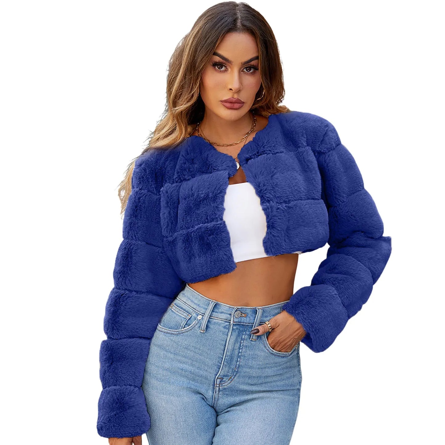 Cropped Plush Faux Fur Zip Front Streetwear Jacket for Layered Styling