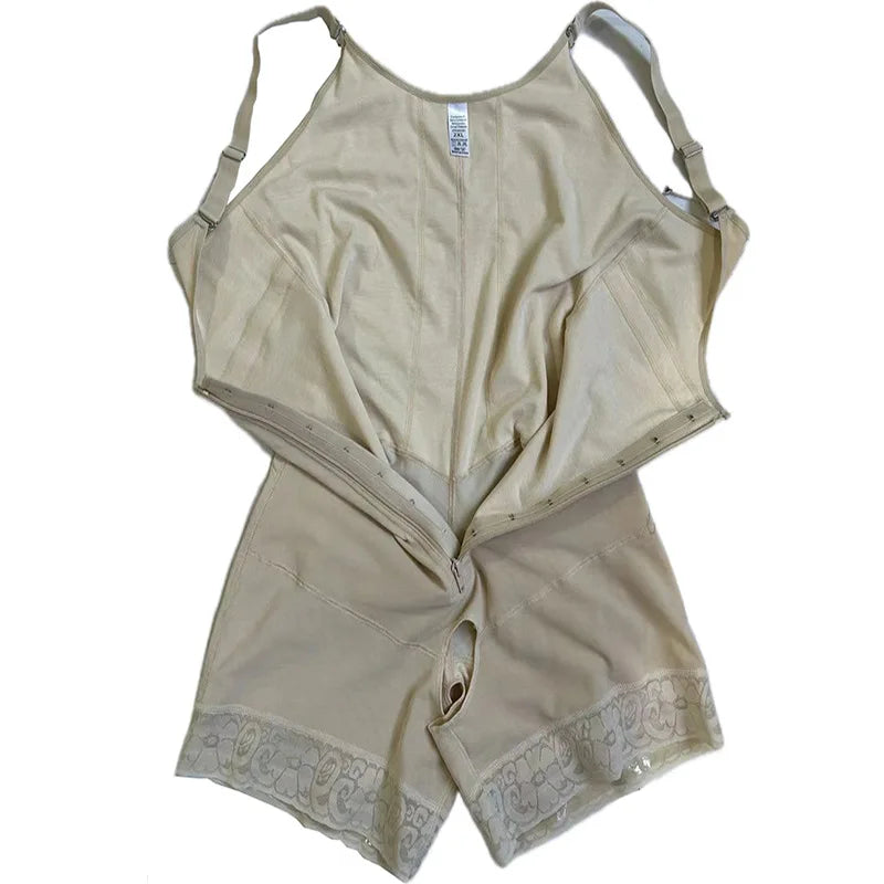 Seamless Open-Bust Mid-Thigh Shaping Bodysuit with Sheer Lace Accents