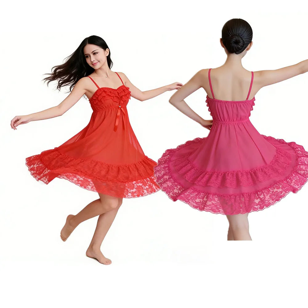 Vibrant Red Sheer Chiffon Babydoll with Ruffled Bust and Lace Hem