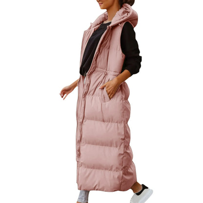 Women's Long Hooded Quilted Puffer Vest Relaxed Casual Winter Layering Outerwear