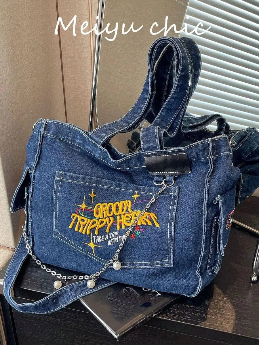 Denim Tote Shoulder Bag with Embroidered Graphic Accent Design
