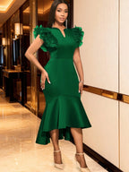 Emerald Green Notched V-Neck Mermaid Midi Dress with Ruffled Cap Sleeves