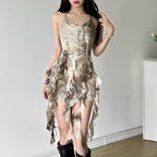 Distressed Layered Chiffon Mini Dress With Dark Alternative Streetwear Fashion Appeal