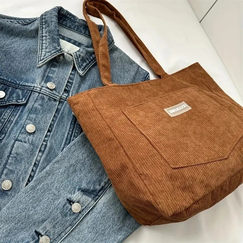 Large Capacity Corduroy Tote Shoulder Bag with Front Pocket Detail