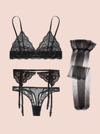 Romantic Red Floral Lace Bralette and Garter Lingerie Set with Matching Stockings