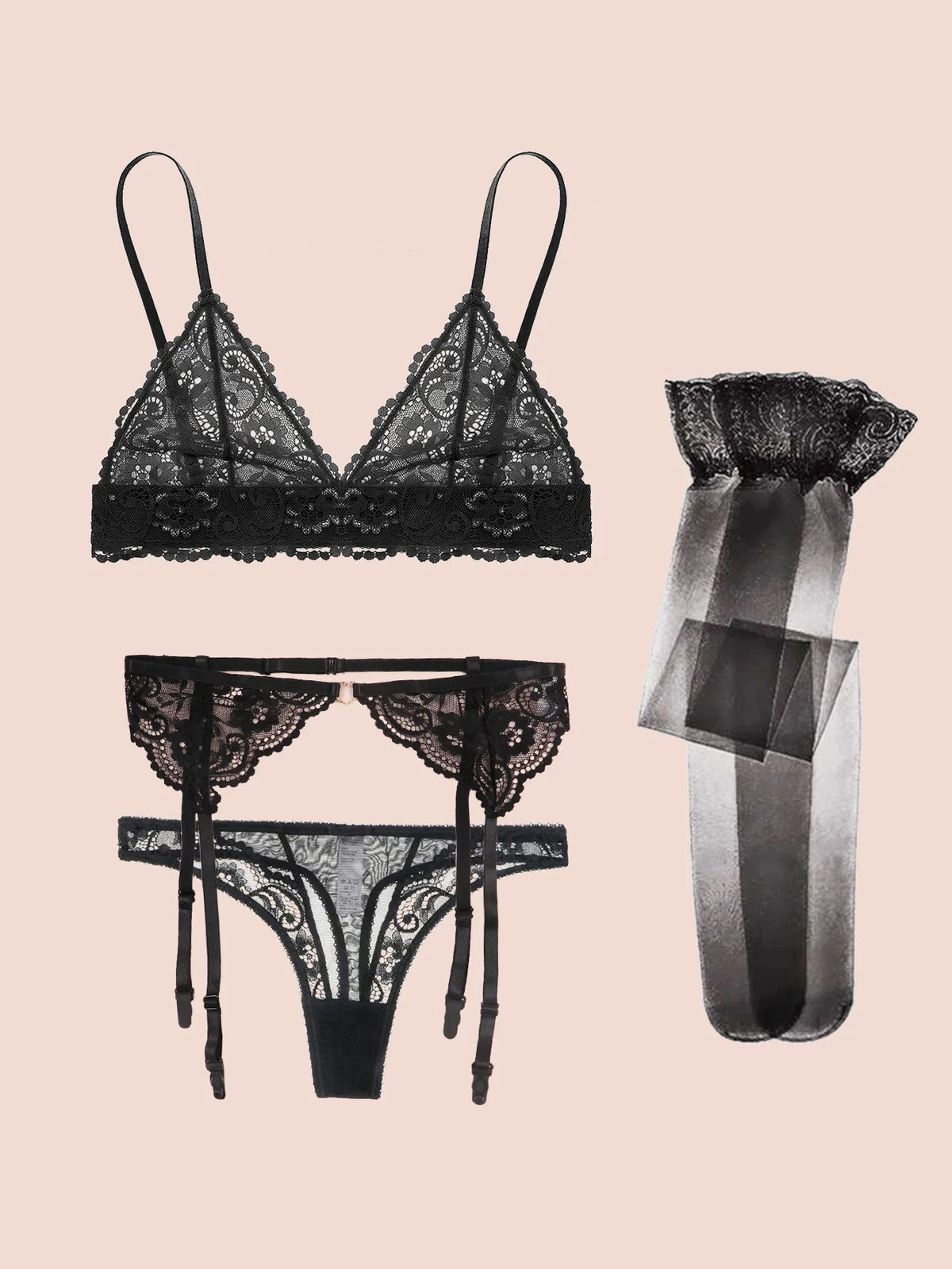 Romantic Red Floral Lace Bralette and Garter Lingerie Set with Matching Stockings