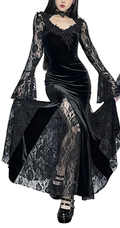 Velvet Gothic Mermaid Dress with Lace Panels and Alternative Elegance