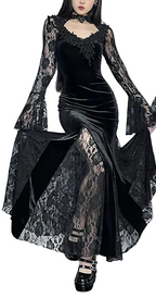Velvet Gothic Mermaid Dress with Lace Panels and Alternative Elegance