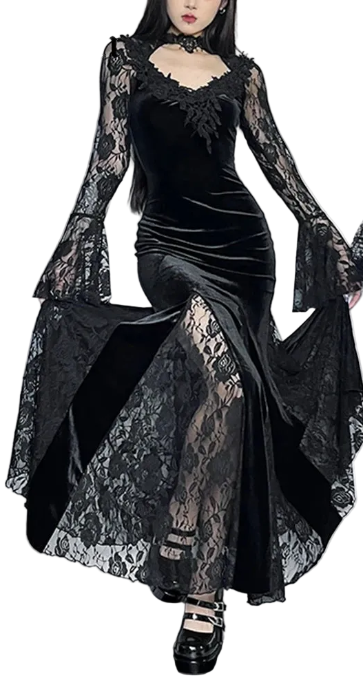 Velvet Gothic Mermaid Dress with Lace Panels and Alternative Elegance