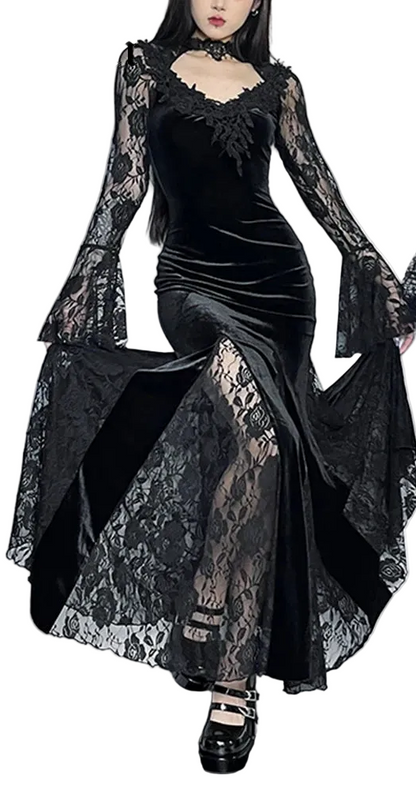 Velvet Gothic Mermaid Dress with Lace Panels and Alternative Elegance