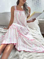 Sweet Ditsy Floral Midi Nightdress with Ruffled Neckline and Tiered Skirt
