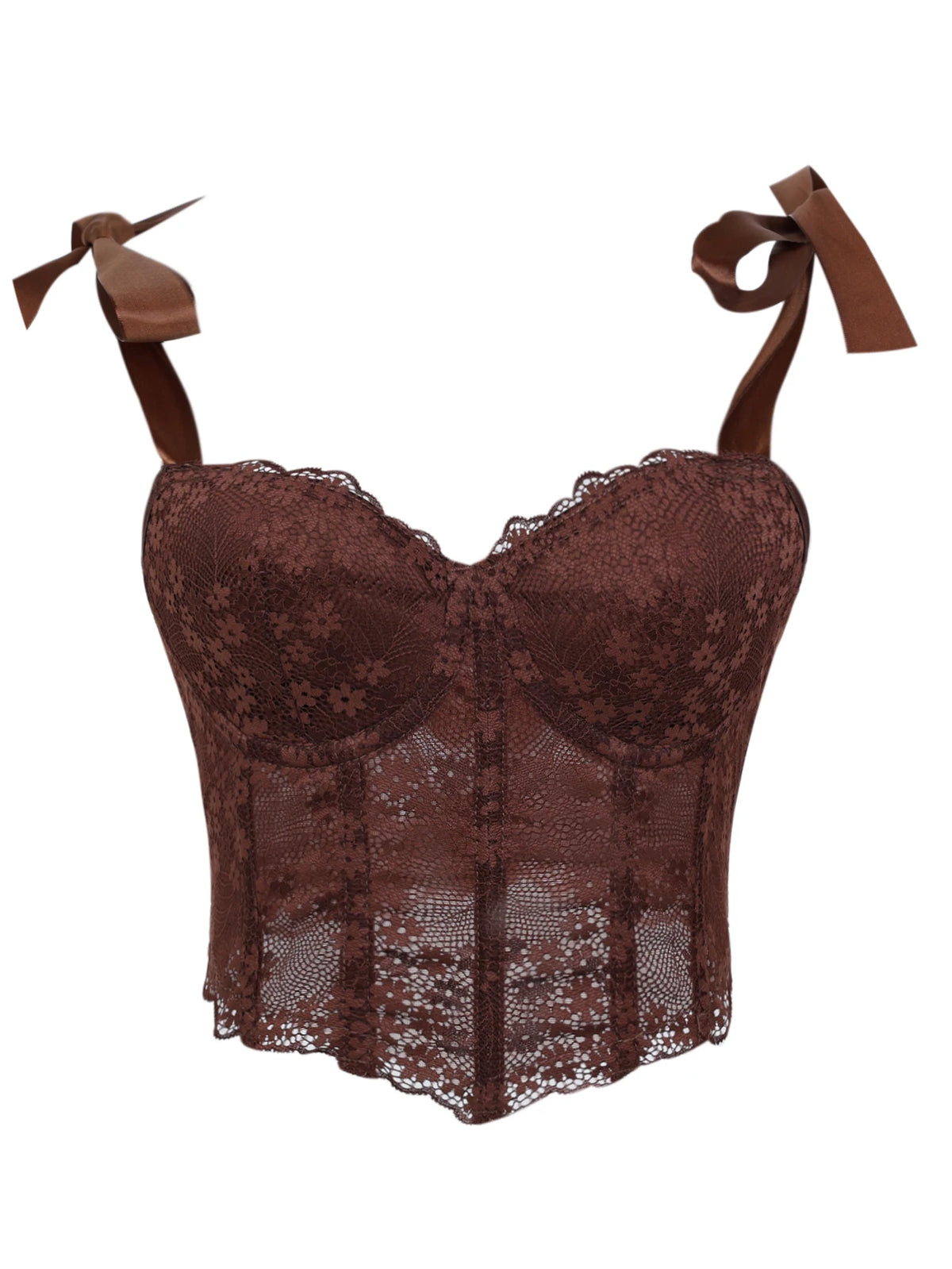 Midnight Black Floral Lace Cropped Bustier with Adjustable Bow-Tie Straps