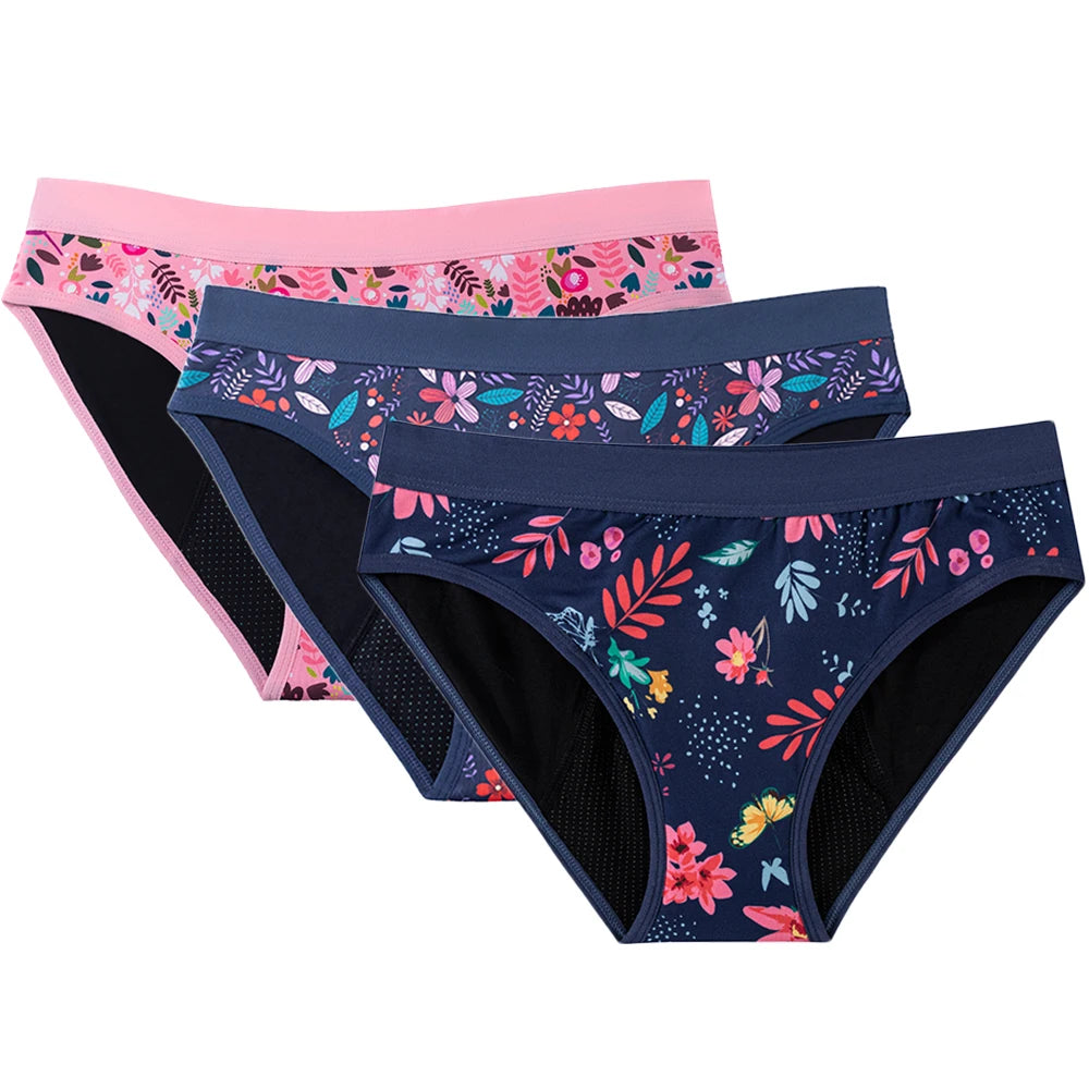 Three-Piece Floral Print Menstrual Brief Set with Contrast Waistbands