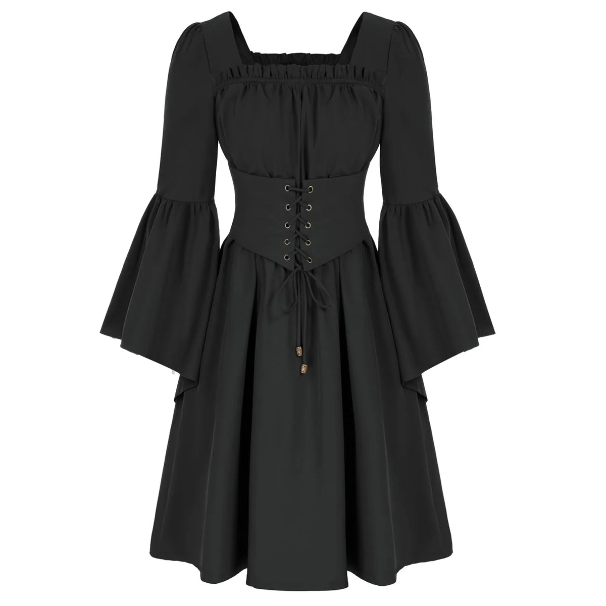 Gothic Bell Sleeve Corset Waist Mini Dress with Romantic Flair - BigCat Streetwear