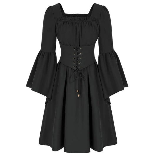 Gothic Bell Sleeve Corset Waist Mini Dress with Romantic Flair