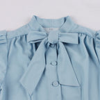 Retro Preppy Light Blue Midi Dress with Bow Collar and Button Bodice