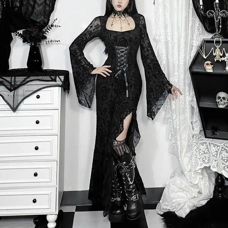 Flowing Gothic Velvet Dress with Dark Alternative Streetwear Elegance