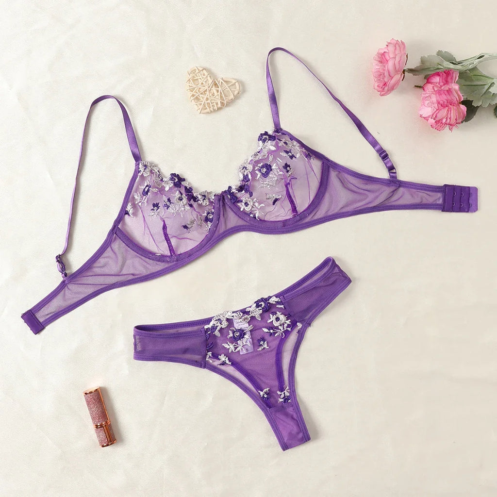 Vibrant Yellow Botanical Embroidered Sheer Mesh Underwire Bra and Thong Set