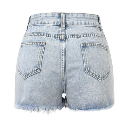 Women's High Waist Distressed Denim Style Shorts with Frayed Hem Casual Everyday Design