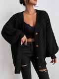 Women's Oversized Cable Knit Sweater with Textured Stitching and Relaxed Streetwear Silhouette