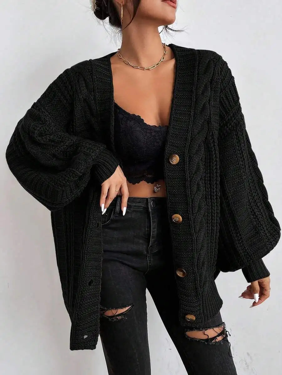 Women's Oversized Cable Knit Sweater with Textured Stitching and Relaxed Streetwear Silhouette