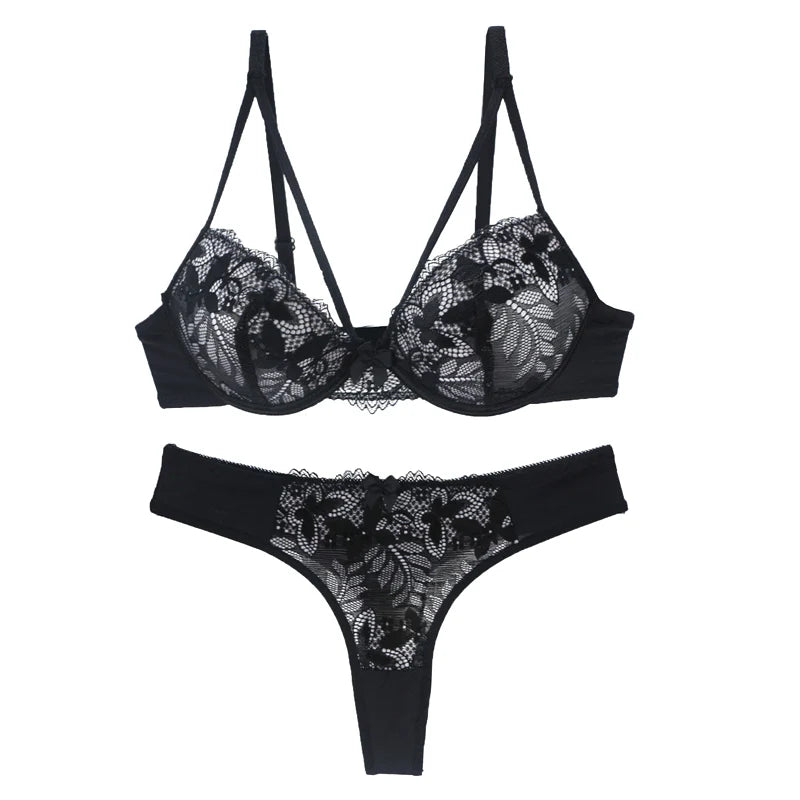 Sophisticated Navy Blue Embroidered Push-Up Bra and Thong Set with Strappy Accents
