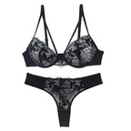 Sophisticated Navy Blue Embroidered Push-Up Bra and Thong Set with Strappy Accents