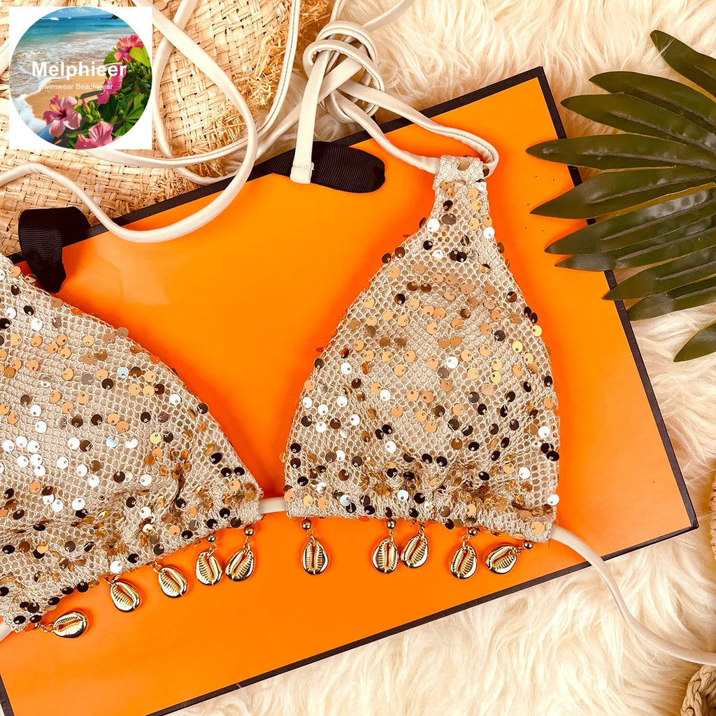 Shimmering Champagne Triangle Bikini with Strappy Side-Tie Bottoms