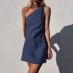 Minimalist One-Shoulder Mini Dress in Solid Earth Tone