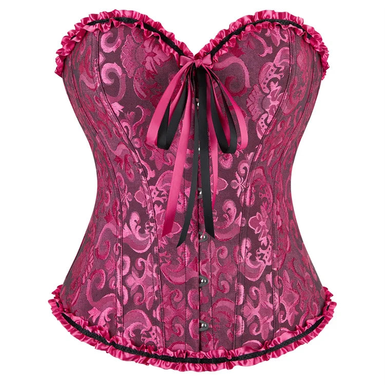 Floral Jacquard Overbust Corset with Sweetheart Neckline and Busk Closure