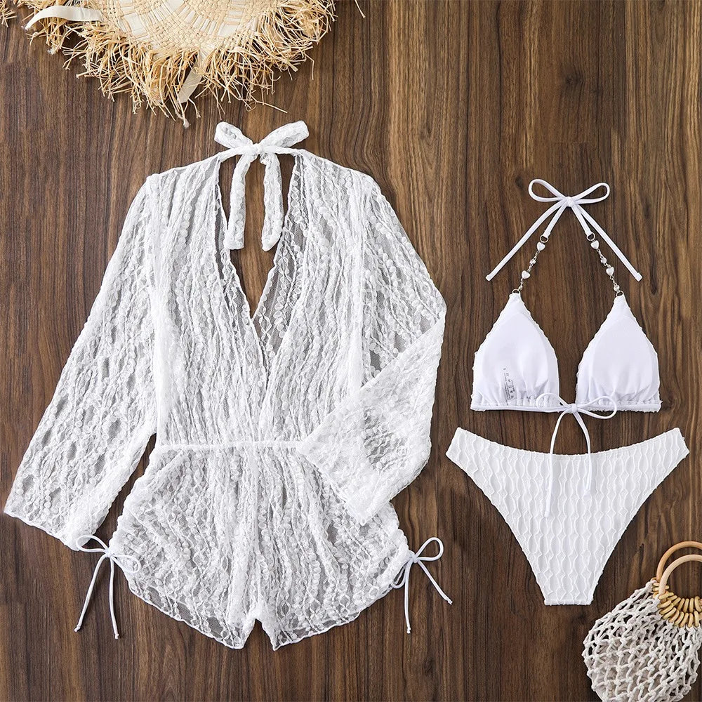 Crisp White Three-Piece String Bikini Set with Sheer Lace Long-Sleeve Cover-Up