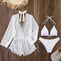 Crisp White Three-Piece String Bikini Set with Sheer Lace Long-Sleeve Cover-Up