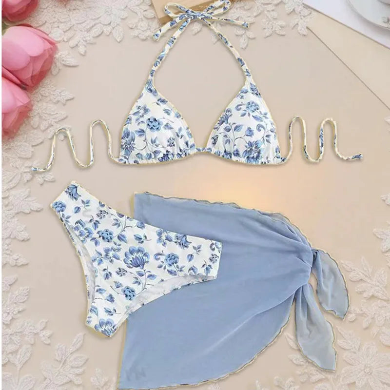 Three-Piece Pink Floral Triangle Bikini Set with Matching Sheer Sarong