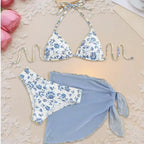 Three-Piece Pink Floral Triangle Bikini Set with Matching Sheer Sarong