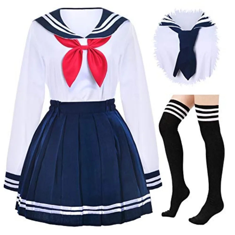 Women's Sailor-Inspired Pleated Uniform Set with Long Sleeve Top, Neck Scarf and Socks